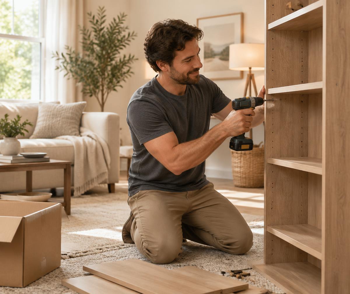 Handyman assembling a bookshelf in a living room